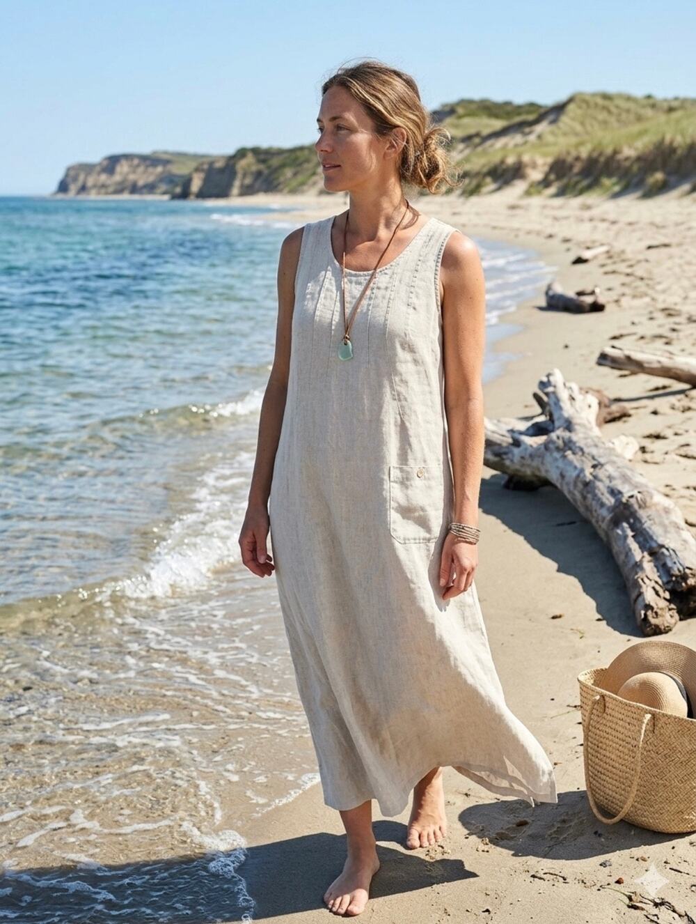 J. Jill 100% Linen lagenlook minimalist coastal Oatmeal resort casual Beachy L